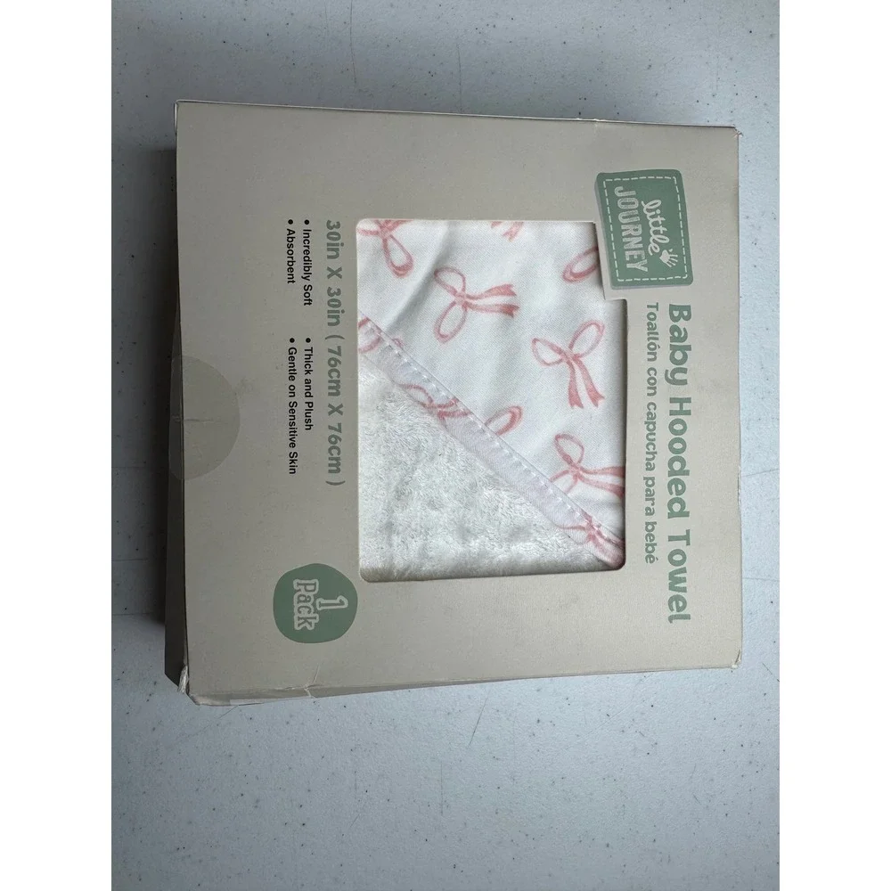 Little Journey Baby Hooded Towel Pink Bow White Plush Bamboo Blend 30x30 714743